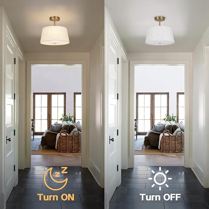 Cone-Shaped Semi Flush Mount Modern Ceiling Light Fixture, 3-Light Drum Lamp with Gold Brass Finish and Beige Fabric Shade for Bedroom, Kitchen, Dining Room, Hallway, Entryway, and Foyer