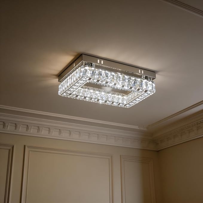 Finktonglan Modern Crystal Flush Mount Ceiling Light, 11.8" Rectangular LED Ceiling Fixture with Multi-Faceted Crystal Prisms, Cool White, 18W Low Profile for Bedroom Hallway Entryway
