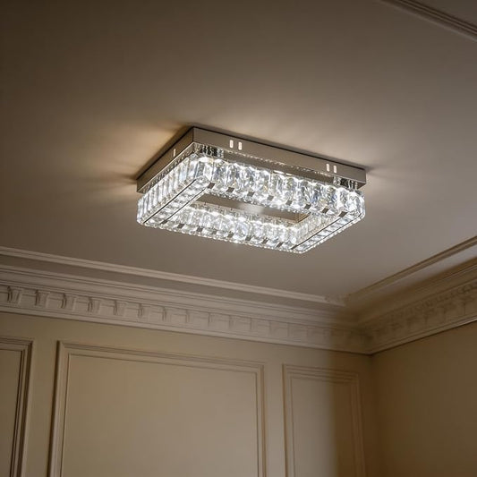 Finktonglan Modern Crystal Flush Mount Ceiling Light, 11.8" Rectangular LED Ceiling Fixture with Multi-Faceted Crystal Prisms, Cool White, 18W Low Profile for Bedroom Hallway Entryway