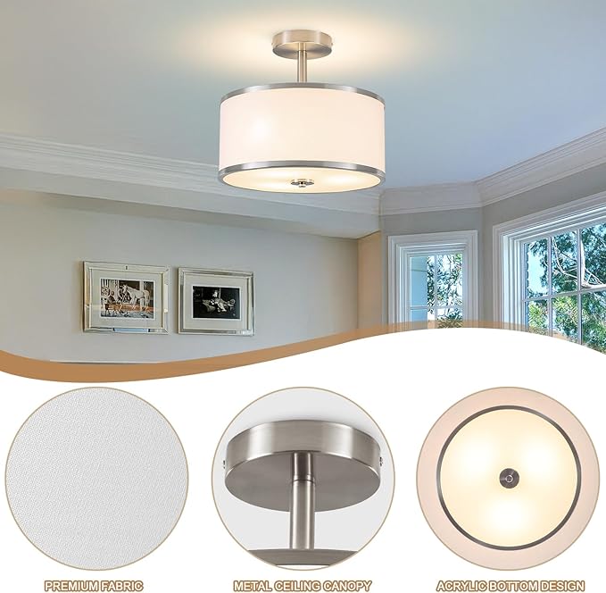 BUXVRCS Semi Flush Mount Ceiling Light Fixture, 3-Light Drum Lighting Fixtures, Hallway Light Fixture Ceiling Mount with Fabric Shade, Close to Ceiling Light for Bedroom Bathroom (Brushed Nickel)