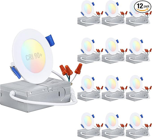 TORCHSTAR Basic Series 12-Pack 5CCT 3 Inch Ultra-Thin LED Recessed Lighting with J Box, CRI90, Aluminum, 2700K3000K3500K4000K5000K, 5%-100% Dimmable Slim Recessed Downlight, 6W 450LM, ETL & ES
