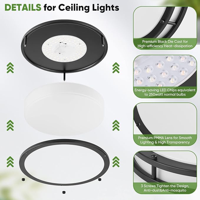 2-Pack 36W LED Ceiling Lights Black, 13inch Flush Mount Light Fixtures 3600LM 2700K/3000K/4000K/5000K/6500K Color Changing Ceiling Lights, Modern Dimmable Lighting for Kitchen Living Room Bedroom