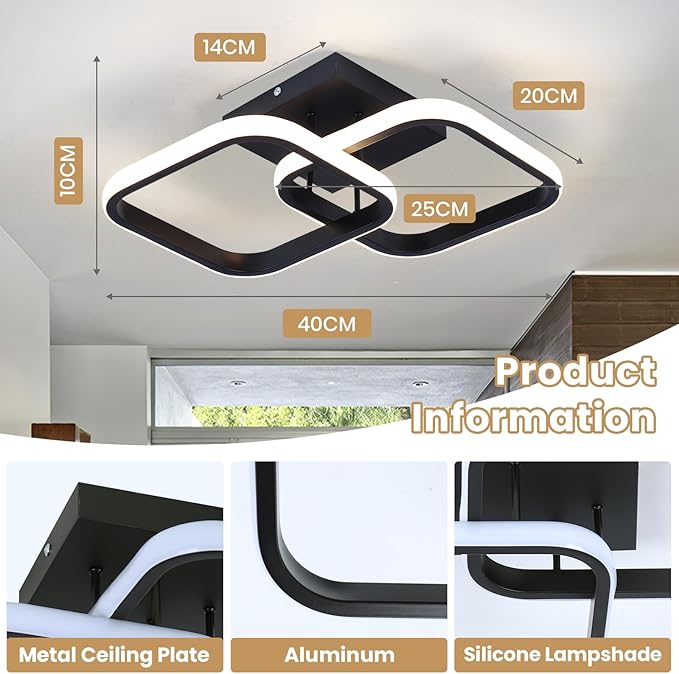 CANEOE Led Hallway Ceiling Light Fixtures, Square Modern Ceiling Lamp, 6000K Chrome Indoor Hallway Lighting Fixture for Living Room Bedroom Kitchen Bathroom Lights (Black, 2 Packs)