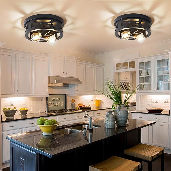 2-Light Flush Mount Ceiling Light Fixtures, Industrial Farmhouse Ceiling Light, Black Hallway Light Fixtures Ceiling, Vintage Light Fixtures Ceiling Mount Lamp for Hallway Kitchen Bedroom (2 Pack)