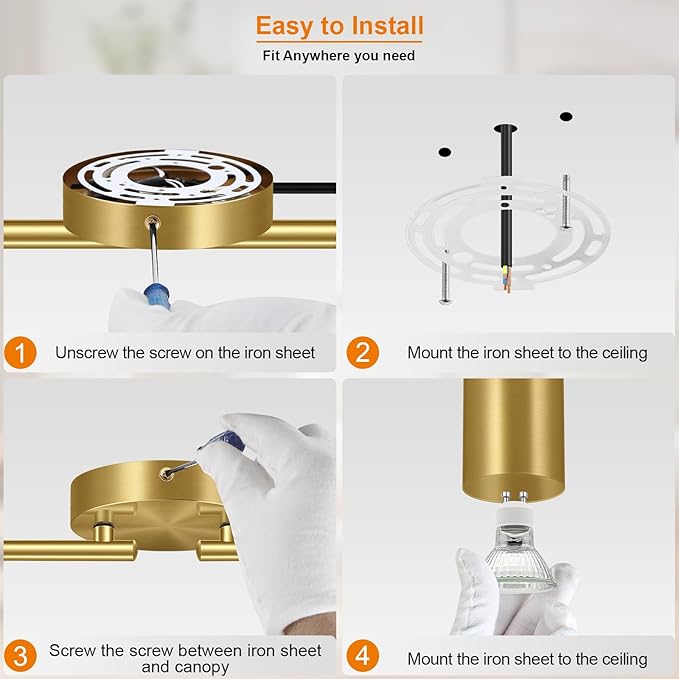 Track Lighting Plug in, LED Track Lighting Fixtures Ceiling Kit, Gold 8-Light Ceiling Light Plug-in, Wall Light with 15ft Power Cord, Rotatable Kitchen Spotlight for Bedroom(GU10 Socket, NO Bulb)