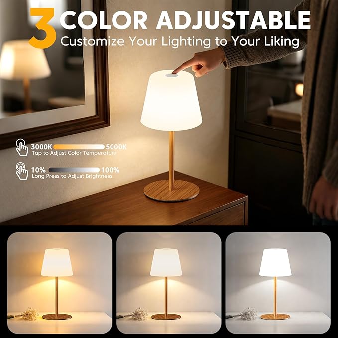 NEEZUKAR Cordless Table Lamp for Bedroom,Rechargeable IP65 Waterproof Shower Lamp with Battery Operated, Touch Dimmable LED Desk Light for Bathroom,Kitchen,Outdoor Patio (Wood Grain)
