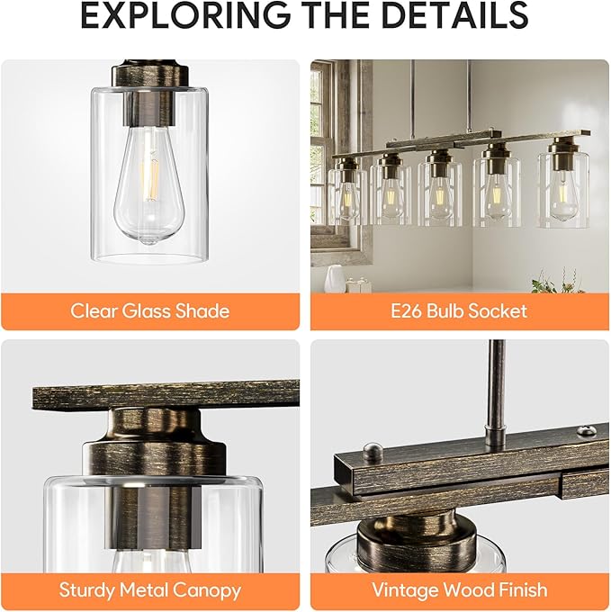 VONLUCE Kitchen Island Lighting, Dining Room Light Fixture Over Table with Glass Shade