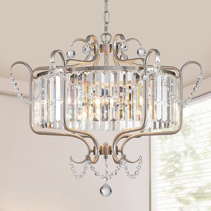 Crystal Modern Chandelier 6-Light, 24" Brushed Nickel Dining Room Light Fixture Over Table Hallway Kitchen Bedroom Foyer Adjustable Height Hanging Ceiling Chandelier, Round