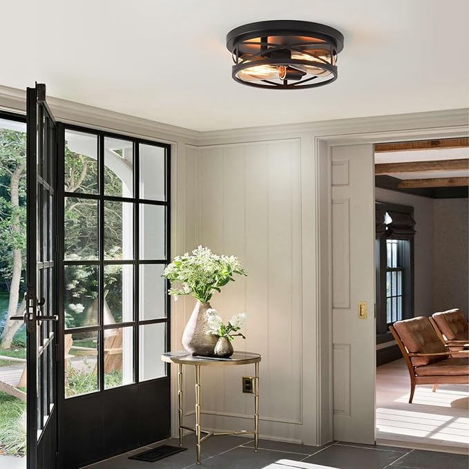 Black Flush Mount Ceiling Light,Hallway Light Ceiling Mount,Industrial Vintage Metal Cage Close to Ceiling Lights for Kitchen,Farmhouse,Bedroom