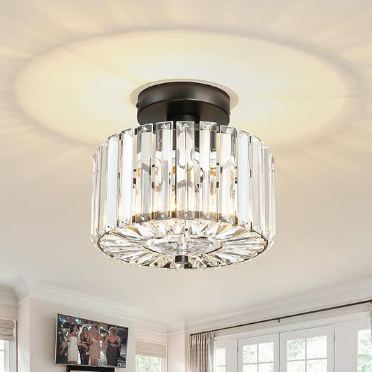 Crystal Ceiling Light, Modern Mini Flush Mount Crystal Chandelier, 8.89 Inch Black Light Fixture, Round Hallway Lighting Fixtures for Kitchen Entryway Laundry Room, 1-Light
