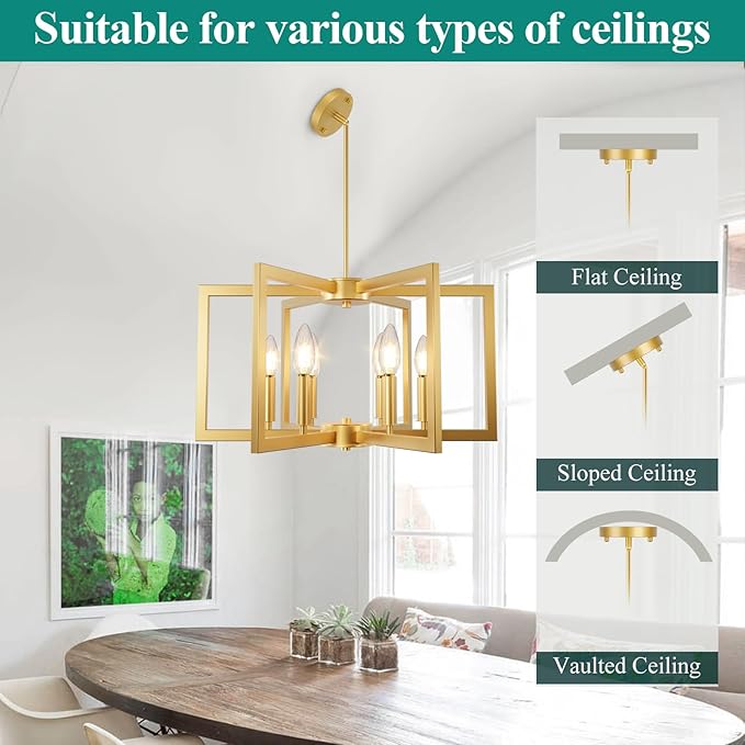 6-Light Gold Chandelier, Farmhouse Dining Room Light Fixture, 21.3in Modern Chandelier, Geometric Industrial Metal Hang Lighting Fixture for Foyer Entryway Kitchen Over Table Hallway Living Room