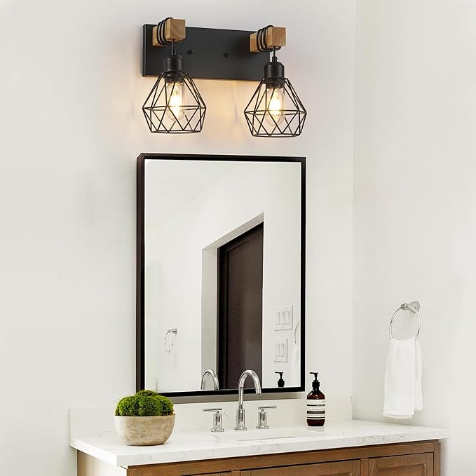 Farmhouse Bathroom Vanity Light Fixtures, 3-Light Wood Bathroom Light Fixtures Over Mirror, Rustic Sconces Wall Lighting with Elegant Metal Lampshade for Living Room, Bedroom, Hallway