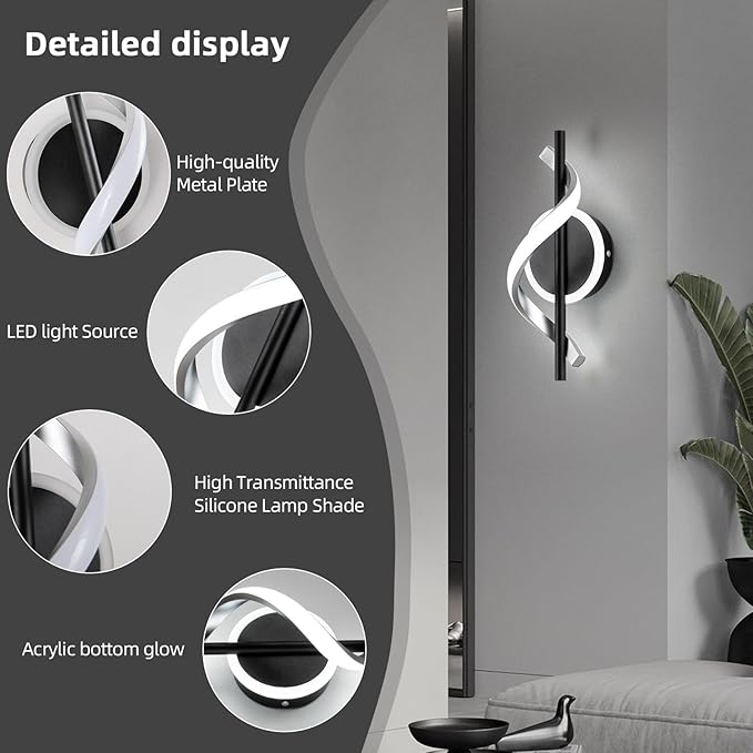 EIDISUNY LED Wall Sconces Indoor, 12W LED Wall Mount Lights, Modern Spiral Wall Lamp, 6000K Cold Light Fixture for Stairs, Living Room, Bedroom, Aisle, Hallway (Cold White, Black)