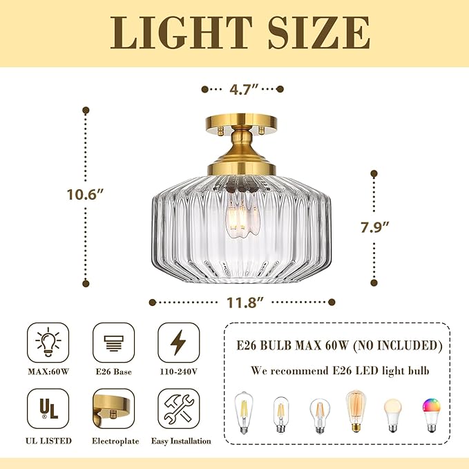 11.8in Semi Flush Mount Ceiling Light Fixture, Vintage Striated Glass Kitchen Lighting Fixtures Ceiling Mount for Entryway Hallway Bedroom Dining Room Bathroom Foyer Laundry (Clear)