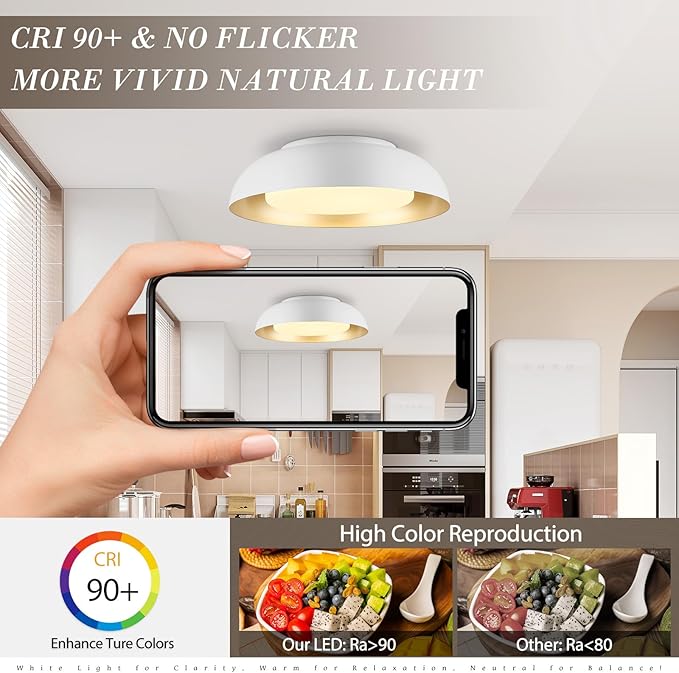 15in LED Flush Mount Ceiling Light, 28W Dimmable Ceiling Light Fixtures with Frosted Glass, White and Gold Finish Modern Ceiling Light for Bedroom Kitchen Living Room, 3CCT, OS-DY2001-WH