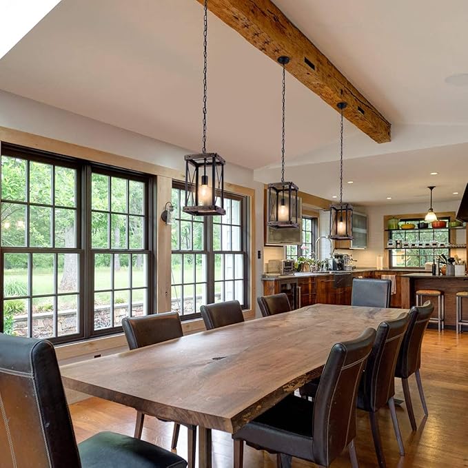 VILUXY Farmhouse Pendant Light for Kitchen Island 1-Light Wood Pendant Hanging Lamp Black Metal Cage Pendant Lantern Lighting for Dining Room Kitchen Hallway