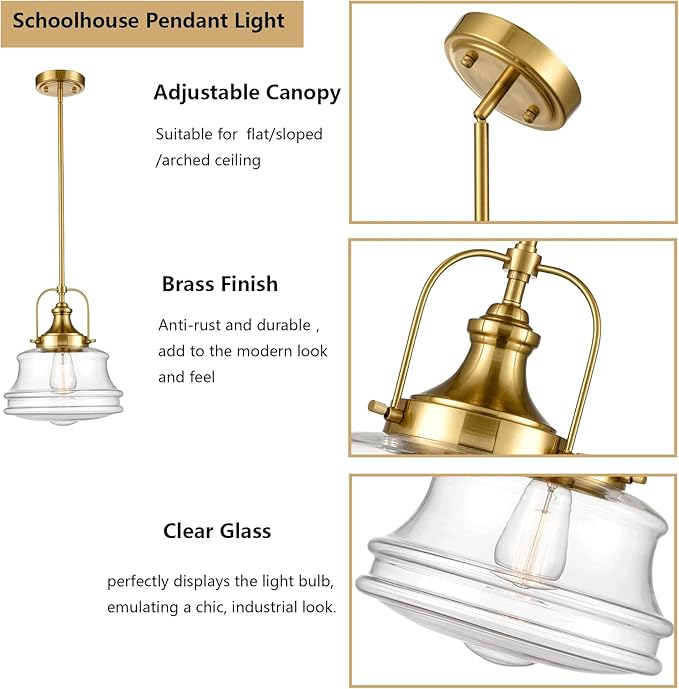 DEYNITE Modern Schoolhouse Pendant Light Fixtures Brass Hanging Kitchen Light with Clear Shade, E26 Light for Dining Room, Bedroom, Bathroom