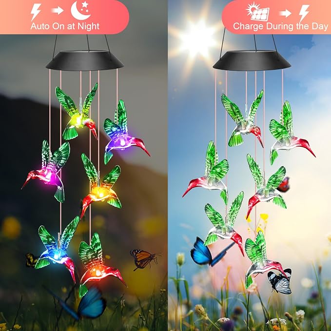 Gifts for Grandma Mom Nana Wife Sister, Mother Birthday Gardening Hummingbird Gifts for Women, Winzwon Wind Chimes Solar Lights Outdoor Decor for Garden Patio Yard Porch