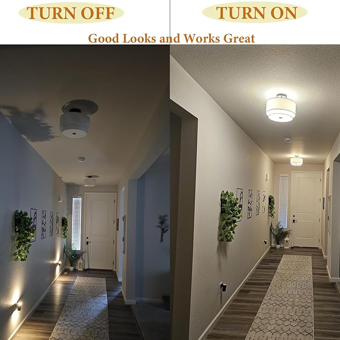 FRIDEKO HOME Ceiling Light Fixture-17.7 inch Light Fixtures Ceiling Mount with 2-Layer Fabric Shade Drum Lights for Living Room Kitchen Foyer Hallway