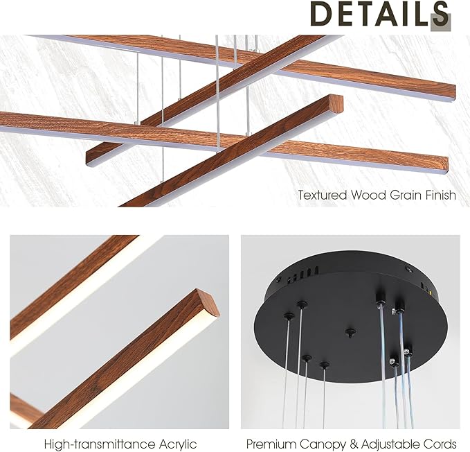 Modern Linear Pendant Light with Remote, LED Chandelier 32" Farmhouse Wood Painted Ceiling Hanging Light Fixture Large 4 Light Dimmable for Dining Room Staircase Foyer