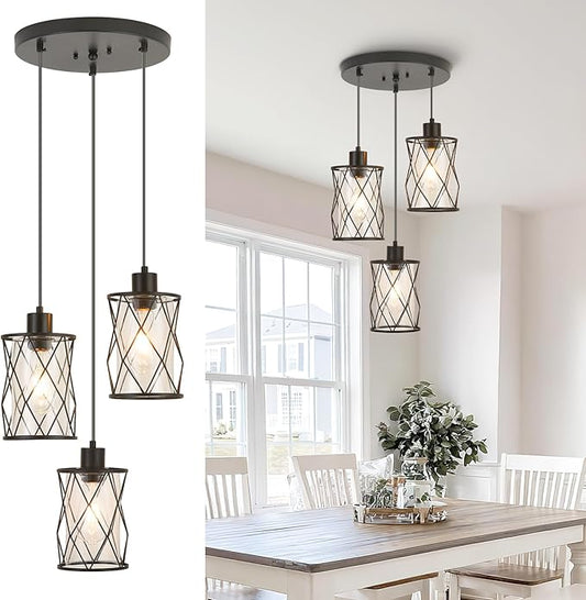 Refice 3-Light Pendant Lights Kitchen Island, Black Kitchen Cluster Hanging Pendant Lights with Clear Glass, Modern Cage Chandelier Light Fixture for Sink Dining Room Bedroom Bar