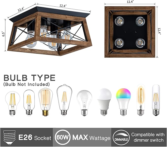 Farmhouse Light Fixture, 4-Light Rustic Ceiling Light, Trapeziform Wood Flush Mount Ceiling Light for Kitchen, Hallway, Entryway, Bedroom