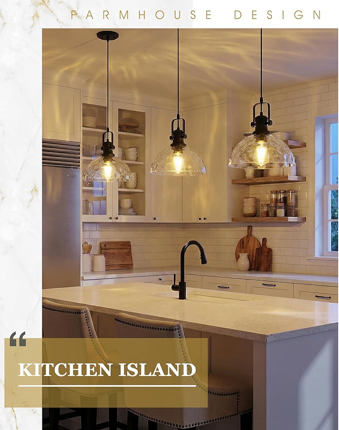 Large Pendant Lights Kitchen Island, 10.5" Farmhouse Black Pendant Lighting with Hammered Glass Shade, Vintage Hanging Light Fixtures for Dining Room Entryway, AD-22151-1PL-BK-H