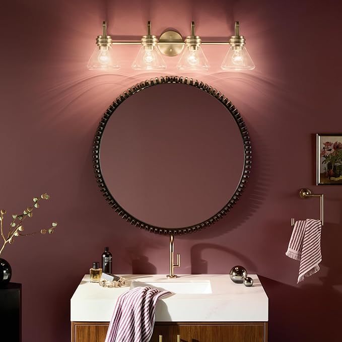 Kichler Farum 34" 4-Light Bathroom Vanity Light Fixture with Clear Glass in Champagne Bronze for Single or Double Vanity, Modern Lighting Fixture (34" x 9.5" x 9.5"), 55156CPZCLR