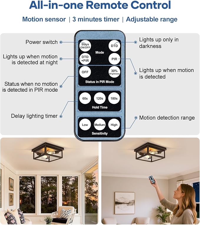 Motion Sensor Outdoor Ceiling Light with Remote, 12.2 Inch Oil Rubbed Bronze Flush Mount Porch Light Fixture with United Glass Cover, 5 Modes Outside Flush Mount Light for Porch, Garage, Patio