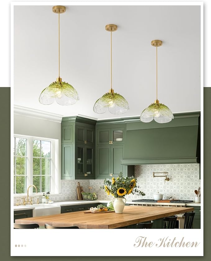 Vintage Gradient Green Pendant Light,Bronze Pendant Lighting Fixture with Handmade Leaf Glass for Bedroom,Kitchen,Hallway,Entryway