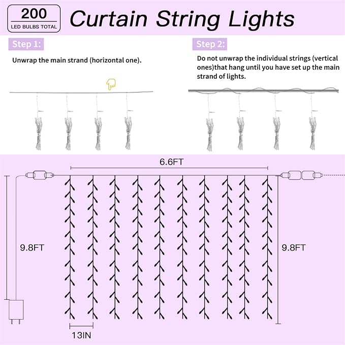 200 LED Multicolor Rainbow Curtain String Lights 9.8x6.6FT, Plug in Fairy Lights with 9 Hooks, Dimmable, Timer 8 Modes, IP44 Waterproof, Bedroom Party Wedding Christmas Indoor Outdoor Decor