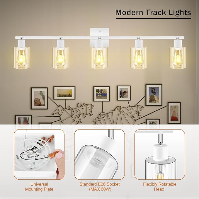 Track Lighting, LED Track Lighting Fixtures Ceiling Clear Glass Shade, 40" Modern 5-Light Kitchen Ceiling Light, White Spotlight Kit, Wall Light with Rotatable Heads, Industrial Decor(E26, NO Bulb)