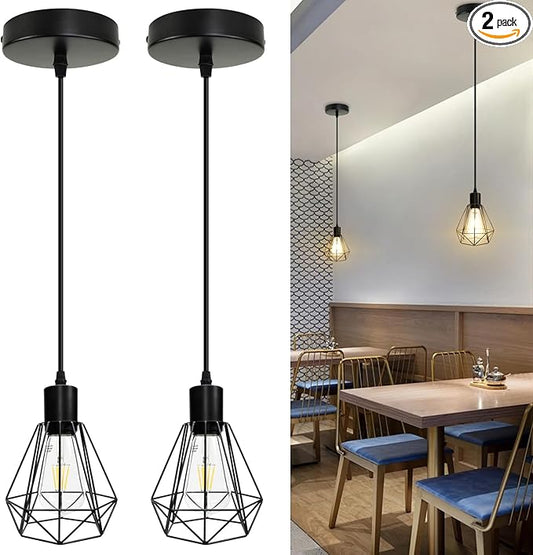 LTBLIGHT 2-Pack Industrial Pendant Light Fixtures, Black Hanging Ceiling Light with Adjustable Height Cord, Modern Pendant Lamps for Kitchen Hallway Bedroom Corridor, E26 Base(Bulbs Not Included)