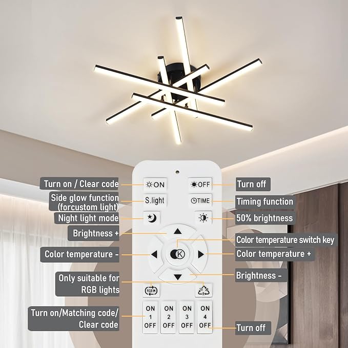 CANEOE Sputnik Modern Led Ceiling Light,50W LED Dimmable with Remote Control Ceiling Light Fixture Black Flush Mount Chandelier Ceiling Lighting for Bedroom Living Room Kitchen Office Ceiling Lamp