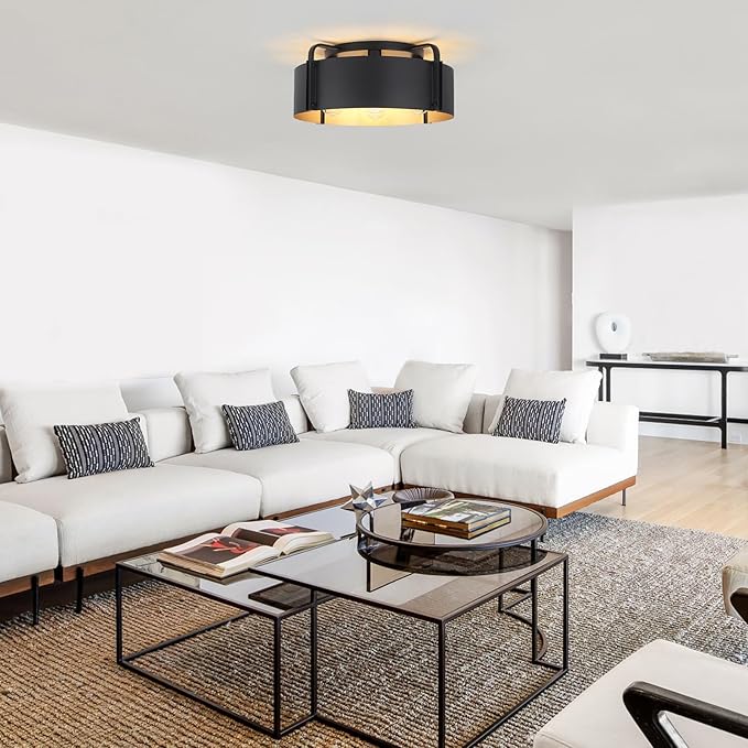 Flush Mount Ceiling Light, 5-Light Large Industrial Ceiling Light Fixture Matte Black with Gold Inside Close to Ceiling Lights for Living Room Kitchen Island,E26 Base (Not Included Bulb)