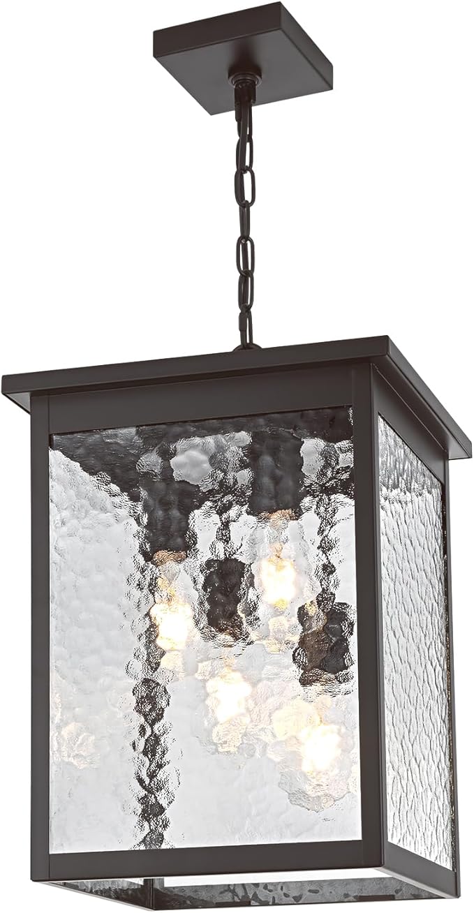 16.7'' Large Outdoor Pendant Light, 4-Lights Black and Brushed Brass Exterior Hanging Porch Chandelier Lantern with Hammer Glass, Outdoor Ceiling Light Fixture for Entryway Gazebo Patio