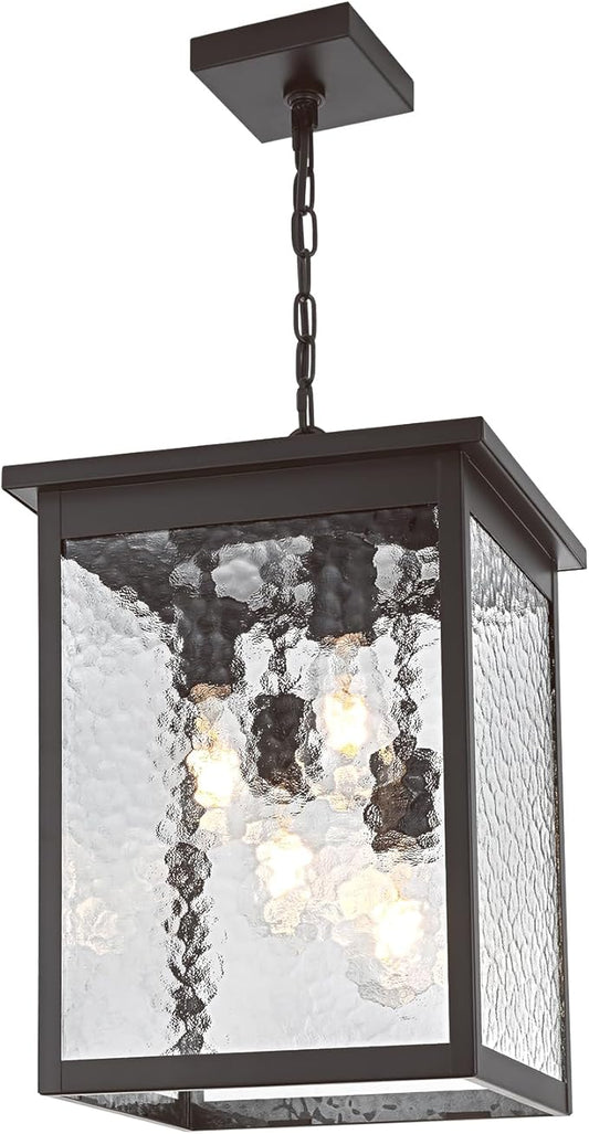 16.7'' Large Outdoor Pendant Light, 4-Lights Black and Brushed Brass Exterior Hanging Porch Chandelier Lantern with Hammer Glass, Outdoor Ceiling Light Fixture for Entryway Gazebo Patio