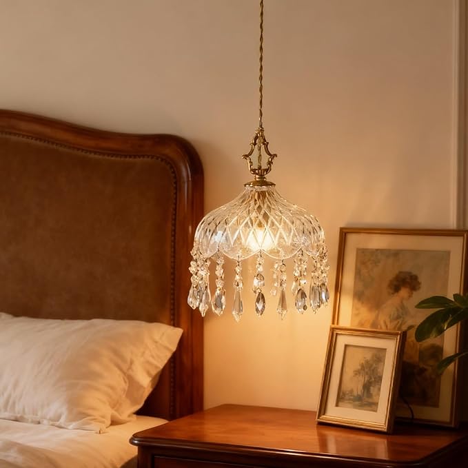 Vintage Crystal Small Pendant Lights Kitchen Island, Adjustable Cord Length 0.5" to 70", Dia7.87 Glass Shade Light Fixture,Brass Hanging Light, Chandelier for Bedroom (2-Pack，Hard-Wired