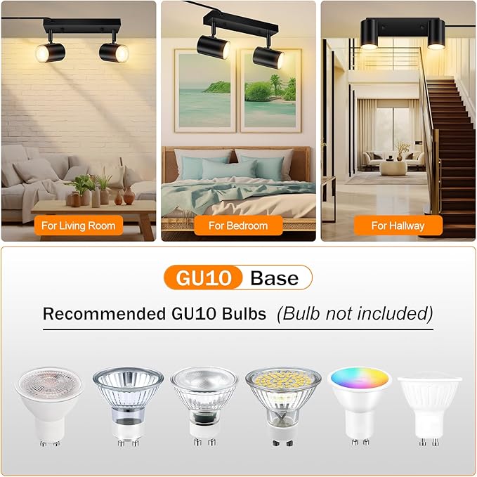 AUQUEE 2 Light Track Lighting Kit,Black 2 Way Modern Plug in Ceiling Spotlight,Industrial LED Wall Light for Kitchen Cabinet Gallery Bar Hallway Living Room,Rocker Switch,15 Foot Cord(No Bulb)