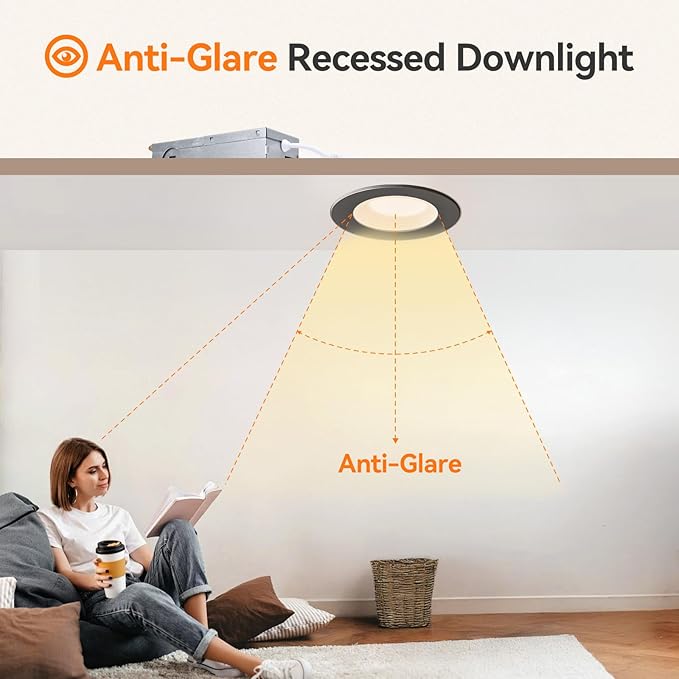 12-Pack 3 Inch Anti-Glare Recessed LED Lights with Night Light, Deep Baffle Downlight, Dimmable, 2700K-5000K 5CCT Selectable, with Junction Box, Canless, 680lm, ETL Listed, Black