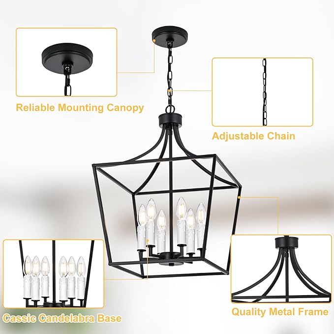 6-Light Large Classic Lantern Chandelier in Black, Height Adjustable Hanging Pendant Light Fixture for Kitchen Island Dining Room Foyer, E12 Bulb Base