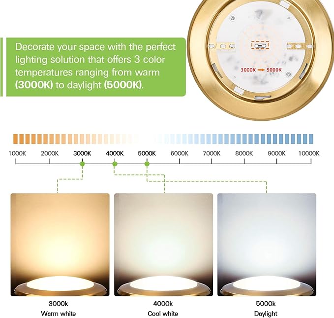 hykolity 5/6 Inch Selectable CCT LED Disk Light Flush Mount, 3000K/4000K/5000K, Dimmable Recessed Retrofit Ceiling Light, CRI90, 1050lm, 15W, Installs Into Junction Box or Recessed Can, Gold, 12 Pack