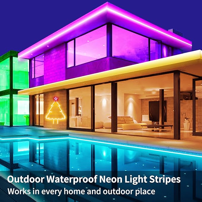 32.8ft LED Neon Lights with Remote and APP Control, IP65 Waterproof Flexible Neon Strip Lights 24V RGB LED Rope Lights for Bedroom,Living Room,DIY Decoration（with Snap &Screws）