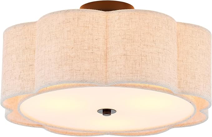 Semi Flush Mount Ceiling Light, Beige Linen Fabric Shade Ceiling Light, Black Modern Farmhouse Close to Ceiling Light for Bedroom, Hallway, Living Room, Dining Room, Laundry Room
