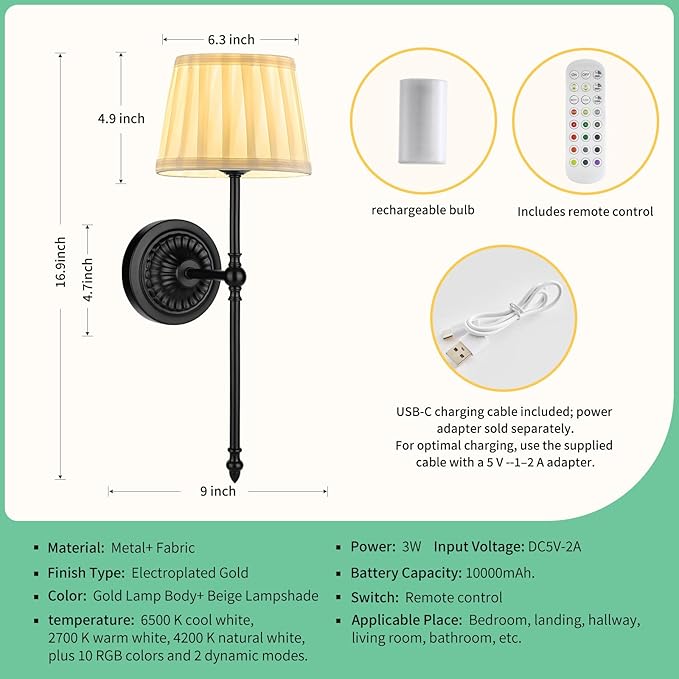Cordless Wall Sconces Set of 2,10000mAh Small Wireless Battery Operated Wall Sconces Set of Two with RGB LED, Remote, Timer & Dimmable Fabric Gold Wall Lamps for Bedroom, Living Room, Hallway (Black)