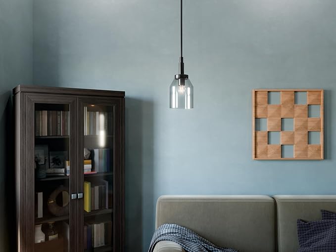 Kichler Madden 1-Light Mini Pendant with Clear Glass in Black, Sloped Ceiling Compatible, for Bathroom or Kitchen (15" x 7"), 52725BK