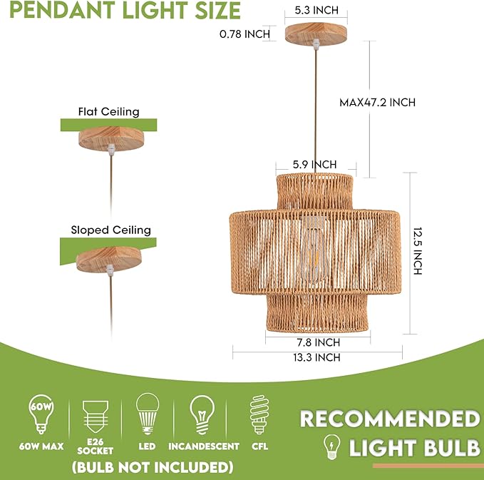 Boho Chandelier Rattan Pendant Light for Dinning Room Bohemian Hanging Lights 3-Tier Rattan Chandelier Basket Light Woven Light for Bedroom Entrance Hallway Kitchen Island Light Fixture