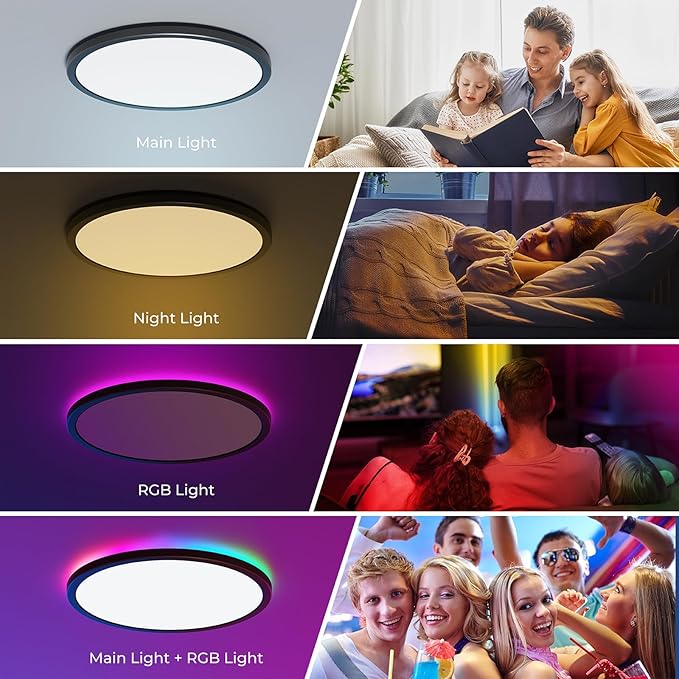 Annaror RGB Flush Mount LED Ceiling Light with Remote, 12 Inch Ceiling Light Fixture with Color Changing Backlight, 3000K-6500K Dimmable, 24W for Bedroom Kids Room Black