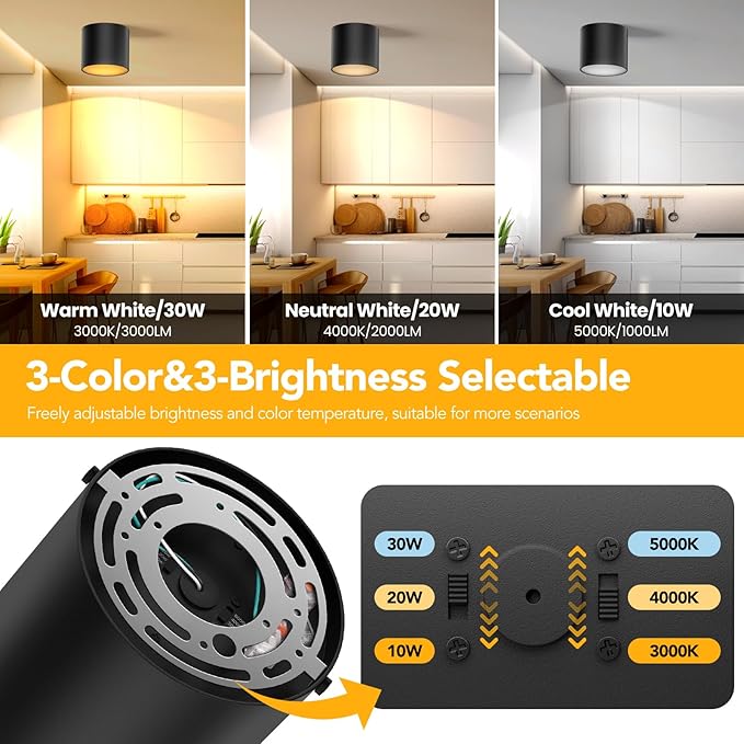 3-Color&Watt Zoomable Ceiling Spotlight Fixtures, Flush Mount Ceiling Light Fixture Dimmable LED Spot Lights Indoor, 4.72" Cylinder Light for Hallway Kitchen Entryway Foyer, 30W Black