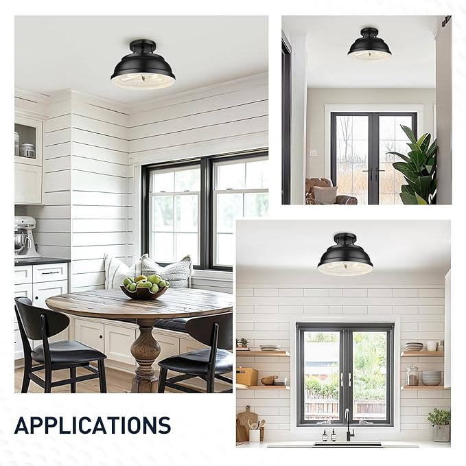 zeyu 12'' Industrial Semi Flush Ceiling Light, 2-Light Flush Mount Ceiling Lamp for Bedroom Dining Room, Metal Dome Shade in Black Finish, ZY29-F BK